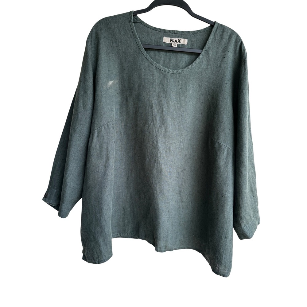 FLAX 100% Linen Scoop Neck Boxy Top Dark Green Size 1G/18 Lagenlook